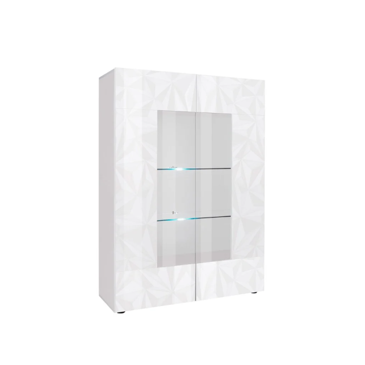 Vitrine PRISMA de 2 portas com secções centrais em vidro – Branco lacado brilhante