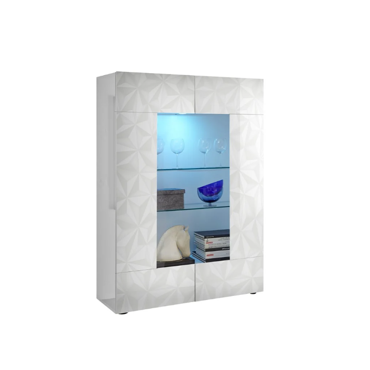 Vitrine PRISMA de 2 portas com secções centrais em vidro – Branco lacado brilhante