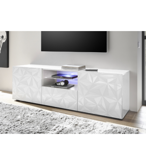 Mobile TV PRISMA con 2 ante e 1 cassetto – Bianco laccato lucido – Design geometrico