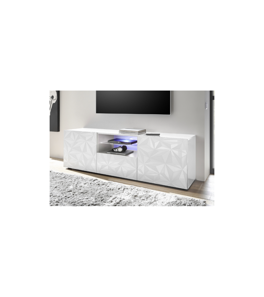 Móvel de TV PRISMA com 2 portas e 1 gaveta – Branco lacado brilhante – Design geométrico
