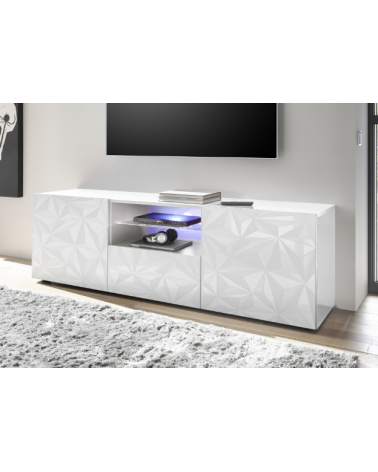 Meuble TV PRISMA 2 portes et 1 tiroir – Blanc laqué brillant – Design géométrique