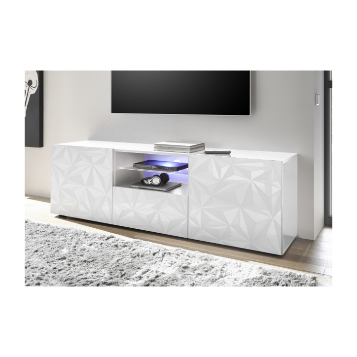 Móvel de TV PRISMA com 2 portas e 1 gaveta – Branco lacado brilhante – Design geométrico Móvel de TV PRISMA com 2 portas e 1 gaveta – Branco lacado brilhante – Design geométrico