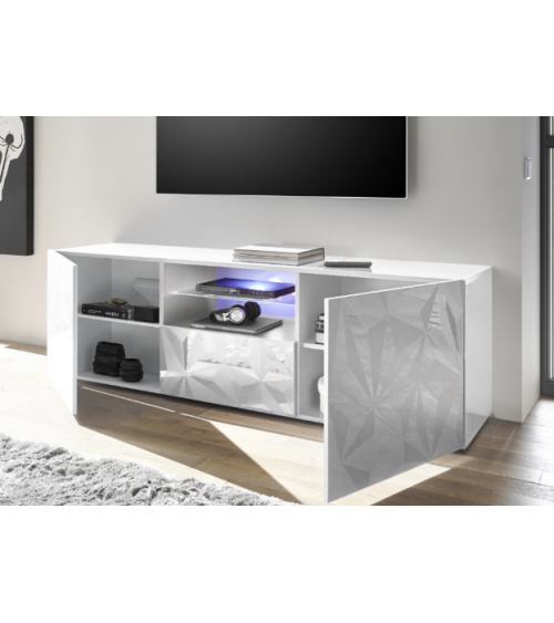 Meuble TV PRISMA 2 portes et 1 tiroir – Blanc laqué brillant – Design géométrique