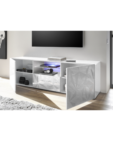 Móvel de TV PRISMA com 2 portas e 1 gaveta – Branco lacado brilhante – Design geométrico