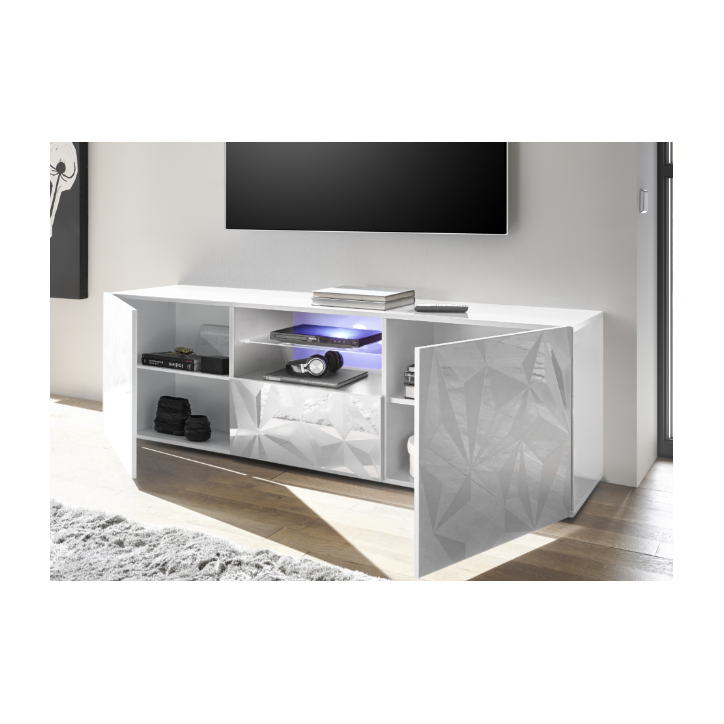 Móvel de TV PRISMA com 2 portas e 1 gaveta – Branco lacado brilhante – Design geométrico Móvel de TV PRISMA com 2 portas e 1 gaveta – Branco lacado brilhante – Design geométrico