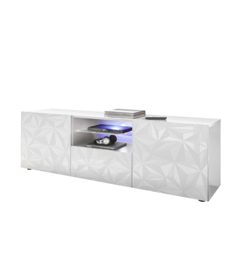 Móvel de TV PRISMA com 2 portas e 1 gaveta – Branco lacado brilhante – Design geométrico