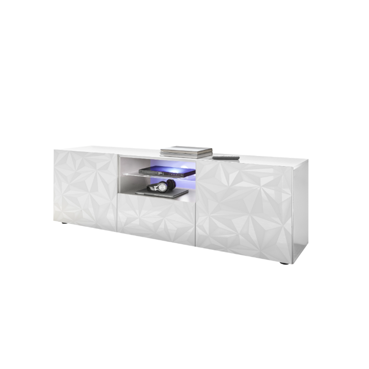 Meuble TV PRISMA 2 portes et 1 tiroir – Blanc laqué brillant – Design géométrique