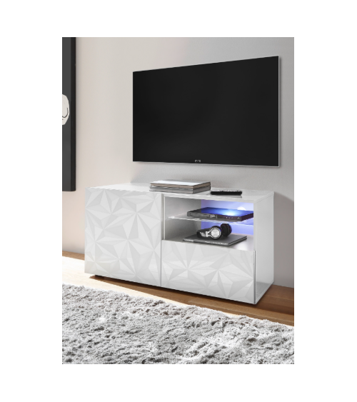 Meuble TV PRISMA 1 porte et 1 tiroir – Blanc laqué brillant – Design géométrique