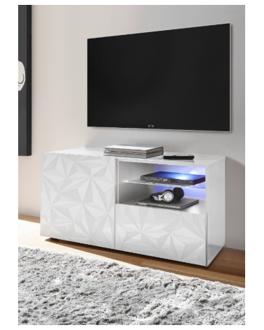 Meuble TV PRISMA 1 porte et 1 tiroir – Blanc laqué brillant – Design géométrique