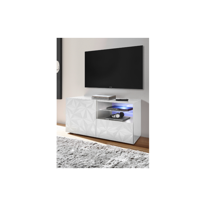 Meuble TV PRISMA 1 porte et 1 tiroir – Blanc laqué brillant – Design géométrique