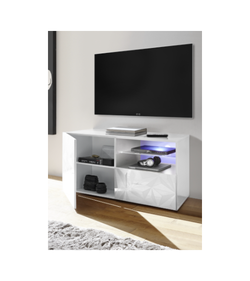 Mueble TV PRISMA con 1 puerta y 1 cajón – Blanco lacado brillante – Diseño geométrico