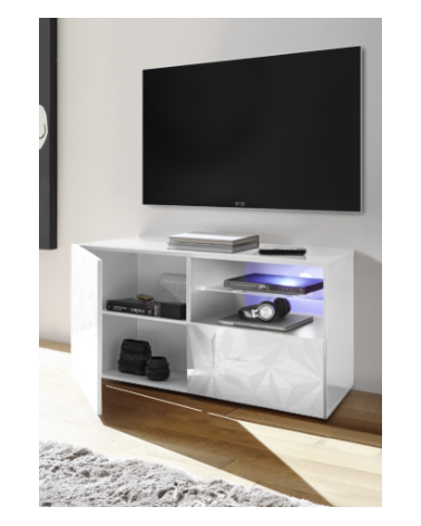 Mobile TV PRISMA con 1 anta e 1 cassetto – Bianco laccato lucido – Design geometrico