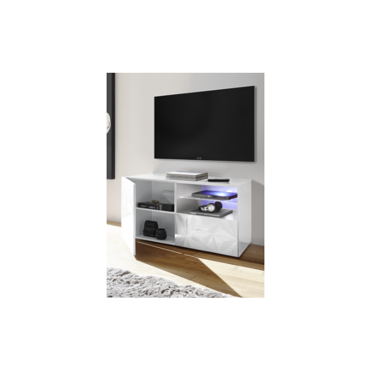 Mobile TV PRISMA con 1 anta e 1 cassetto – Bianco laccato lucido – Design geometrico