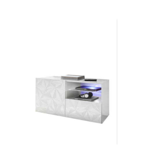 Meuble TV PRISMA 1 porte et 1 tiroir – Blanc laqué brillant – Design géométrique