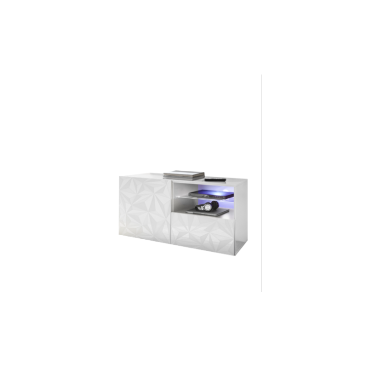 Meuble TV PRISMA 1 porte et 1 tiroir – Blanc laqué brillant – Design géométrique