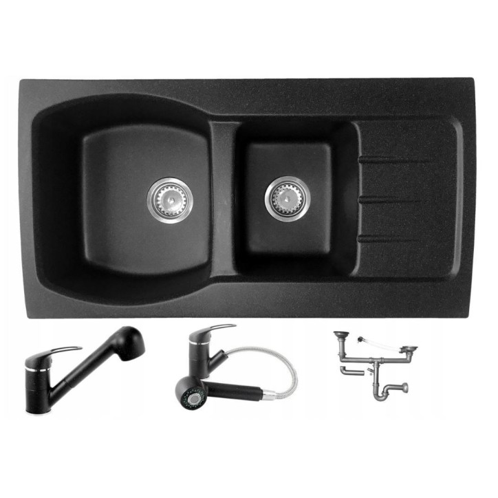 Evier Double LEZIA 92x48 cm Noir avec mitigeur