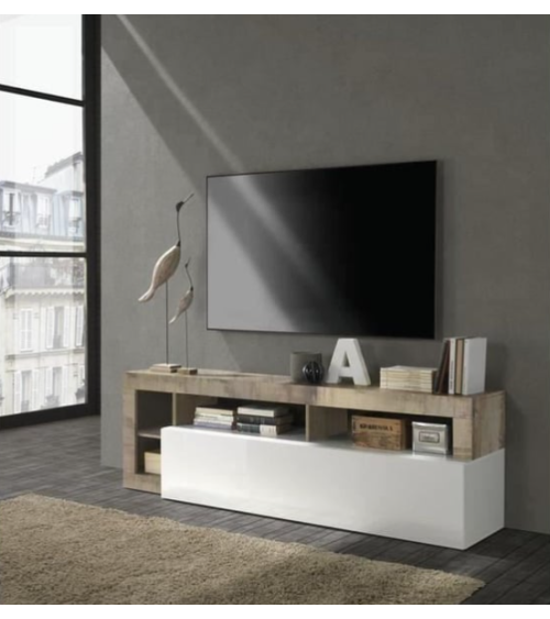 Meuble TV HAMBURG – Blanc laqué brillant / Pero