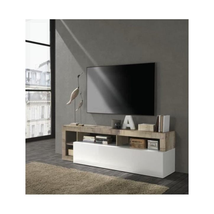 Móvel de TV HAMBURG – Branco lacado brilhante / Pero