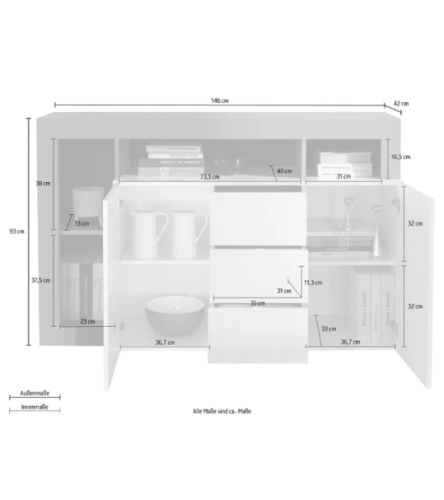 Buffet HAMBURG – Blanc laqué brillant / Oxyde