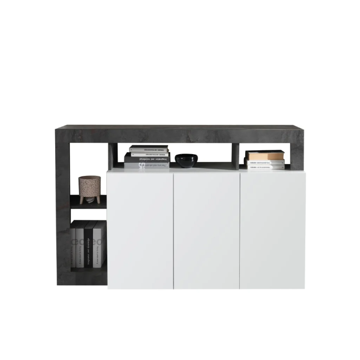 Buffet HAMBURG 3 portes – Blanc laqué brillant / Noir oxyde