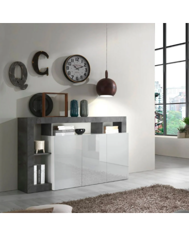 Aparador HAMBURG 3 portas – Branco lacado brilhante / Preto óxido