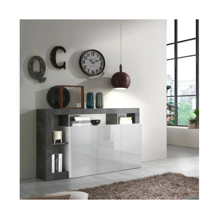 Aparador HAMBURG 3 portas – Branco lacado brilhante / Preto óxido