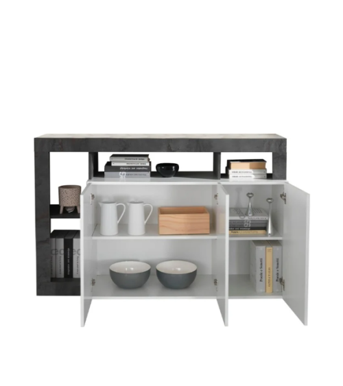 Aparador contemporáneo 3 puertas – Blanco lacado brillo / Negro óxido