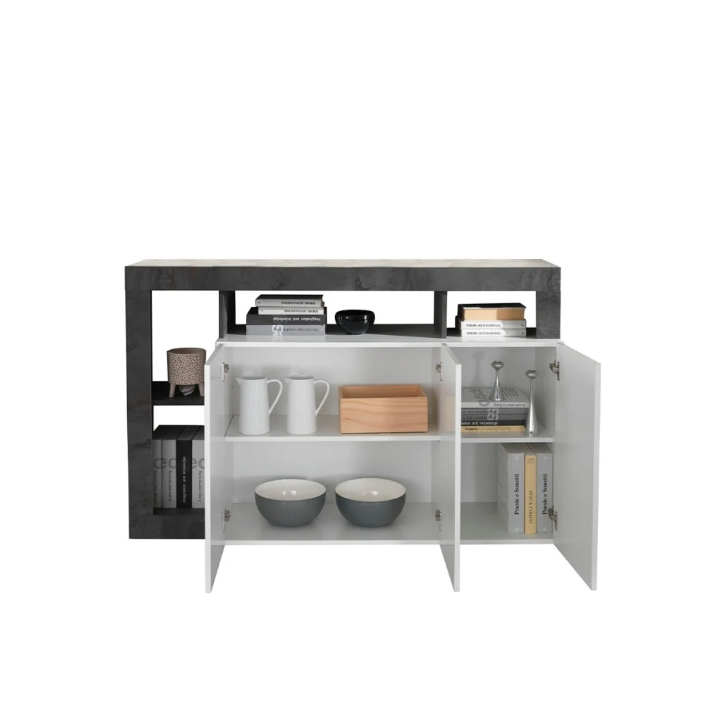 Aparador contemporáneo 3 puertas – Blanco lacado brillo / Negro óxido