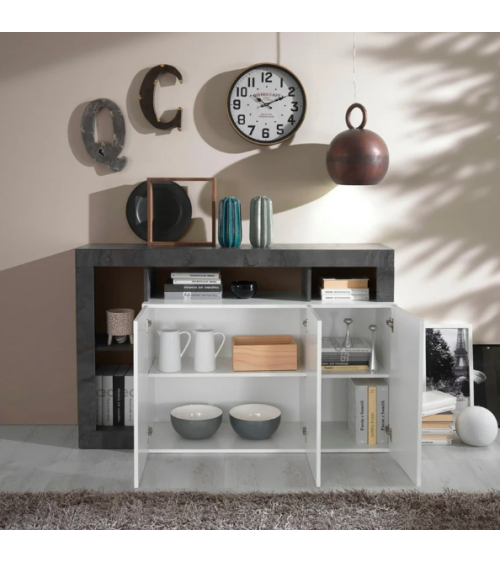 Aparador contemporáneo 3 puertas – Blanco lacado brillo / Negro óxido