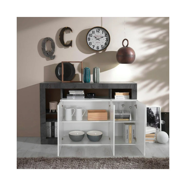 Aparador contemporáneo 3 puertas – Blanco lacado brillo / Negro óxido