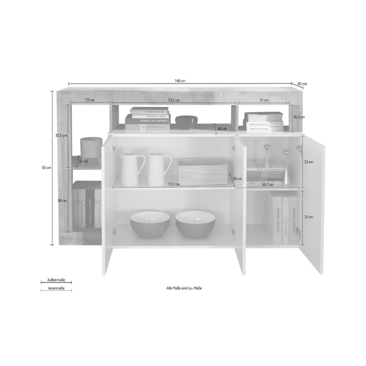 Credenza HAMBURG 3 ante – Bianco laccato lucido / Nero ossido