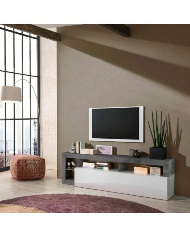 Mueble TV HAMBURG – Blanco lacado brillo / Óxido