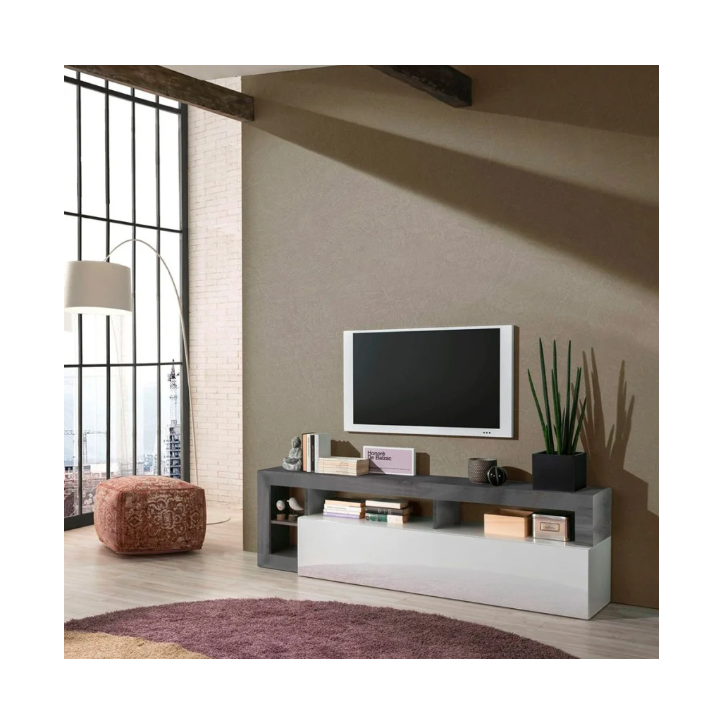 Meuble TV HAMBURG – Blanc lacqué brillant /oxyde
