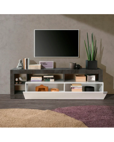 Meuble TV HAMBURG – Blanc lacqué brillant /oxyde