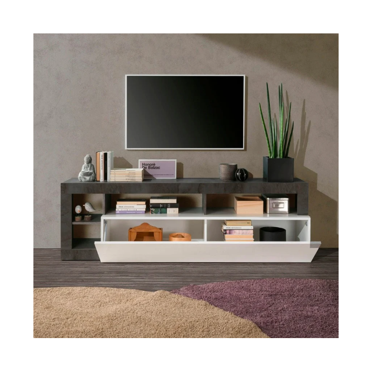 Meuble TV HAMBURG – Blanc lacqué brillant /oxyde