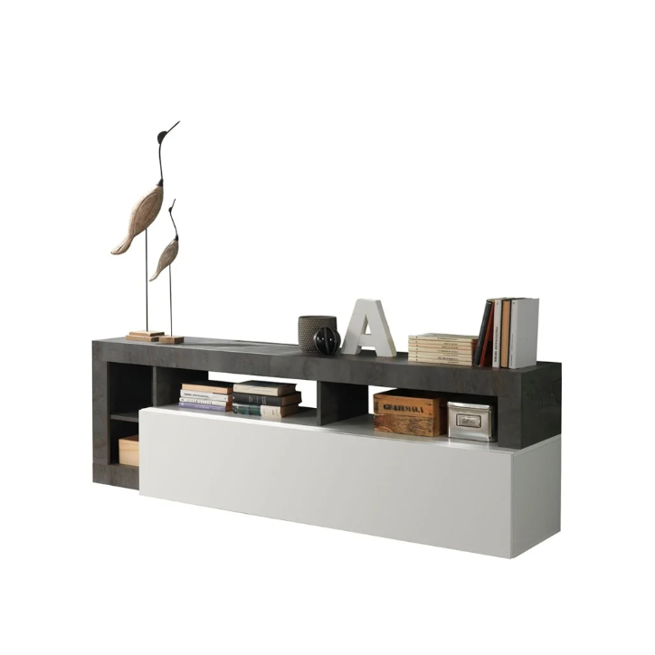 Mueble TV HAMBURG – Blanco lacado brillo / Óxido