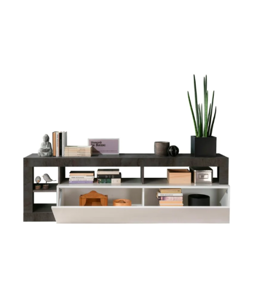 Meuble TV HAMBURG – Blanc lacqué brillant /oxyde