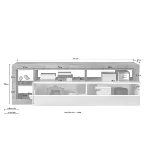 Meuble TV HAMBURG – Blanc lacqué brillant /oxyde