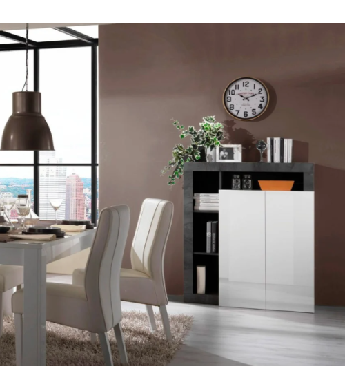 Buffet HAMBURG 2 portes – Blanc laqué brillant / Oxyde