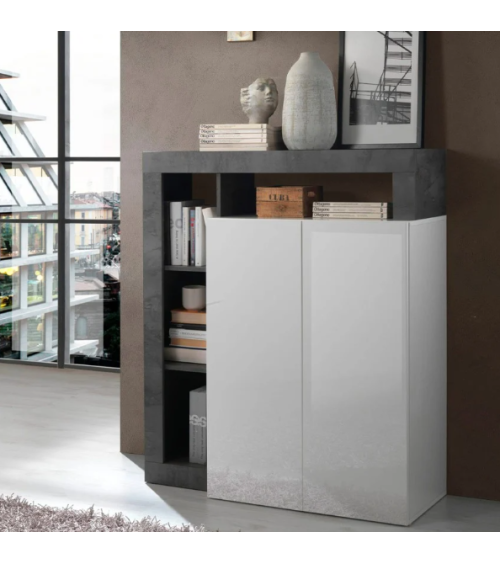 Buffet HAMBURG 2 portes – Blanc laqué brillant / Oxyde