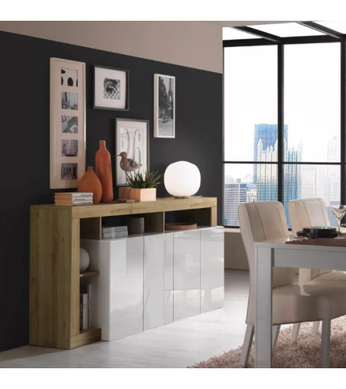 Credenza HAMBURG 4 ante – Bianco laccato lucido / Rovere Cadiz