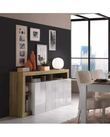 Buffet HAMBURG 4 portes – Blanc laqué brillant / Chêne Cadiz