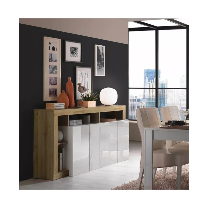 Credenza HAMBURG 4 ante – Bianco laccato lucido / Rovere Cadiz