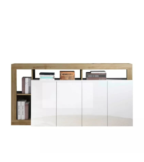 Buffet HAMBURG 4 portes – Blanc laqué brillant / Chêne Cadiz