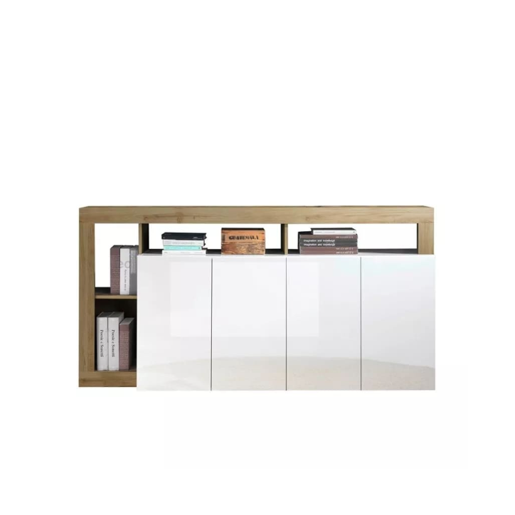 Buffet HAMBURG 4 portes – Blanc laqué brillant / Chêne Cadiz