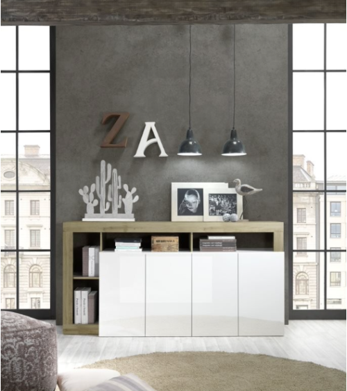 Buffet HAMBURG 4 portes – Blanc laqué brillant / Chêne Cadiz