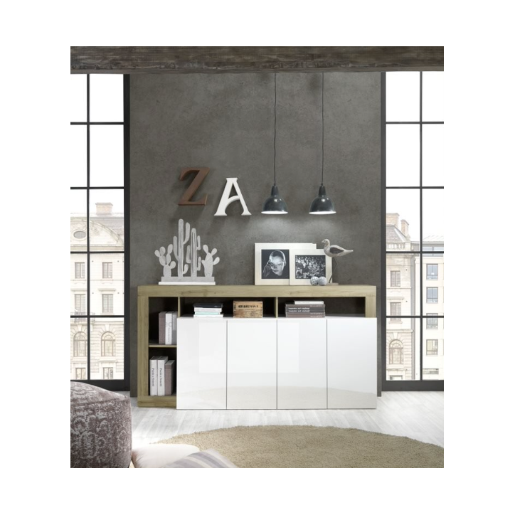 Aparador HAMBURG 4 puertas – Blanco lacado brillo / Roble Cadiz