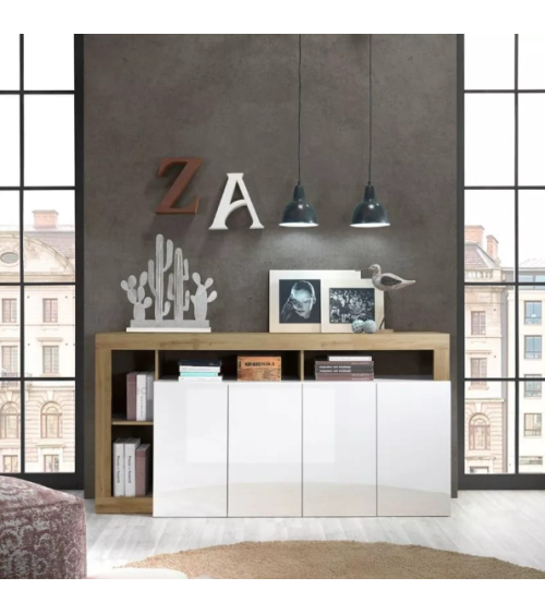 Buffet HAMBURG 4 portes – Blanc laqué brillant / Chêne Cadiz