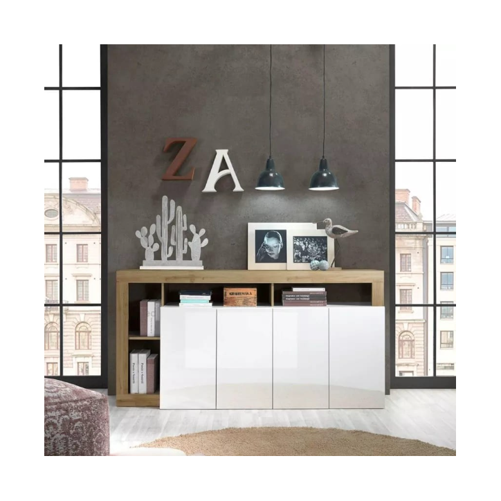 Aparador HAMBURG 4 portas – Branco lacado brilhante / Carvalho Cadiz Aparador HAMBURG 4 portas – Branco lacado brilhante / Carvalho Cadiz