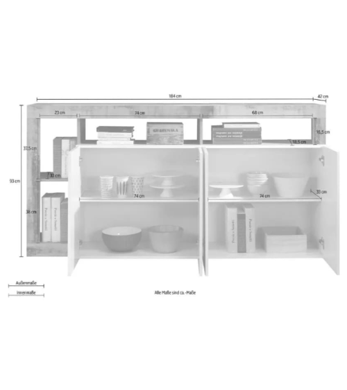 Buffet HAMBURG 4 portes – Blanc laqué brillant / Chêne Cadiz